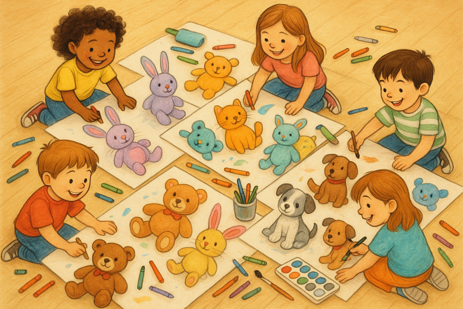 ein bild wo kinder plüschtiere auf mehrere bletter malen 